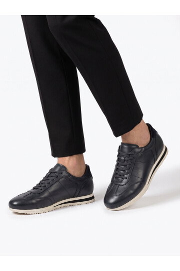 Kauçuk Tabanlı Bağcıklı Sneaker Lacivert Hakiki Deri Erkek Casual Ayakkabı HZ1003-7811