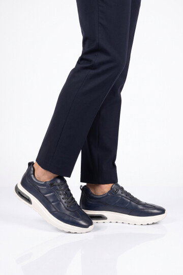 Kauçuk Tabanlı Bağcıklı Sneaker Lacivert Hakiki Deri Erkek Casual Ayakkabı HZ1774-0337 