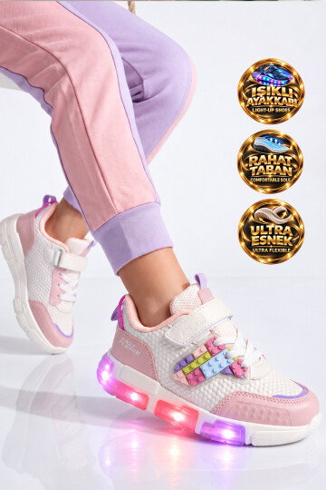 Pudra Cırtlı Işıklı Desenli Kız Çocuk Spor Ayakkabı Sneaker Heros P