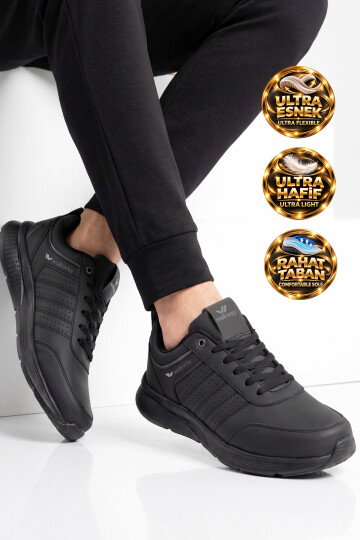 Siyah Bağcıklı Hafif Esnek Rahat Erkek Yürüyüş ve Spor Ayakkabı Sneaker Wood 4040