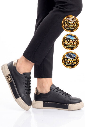 Siyah Bağcıklı Kalın Rahat Tabanlı Kadın Casual Yürüyüş Ayakkabı Sneaker 261261
