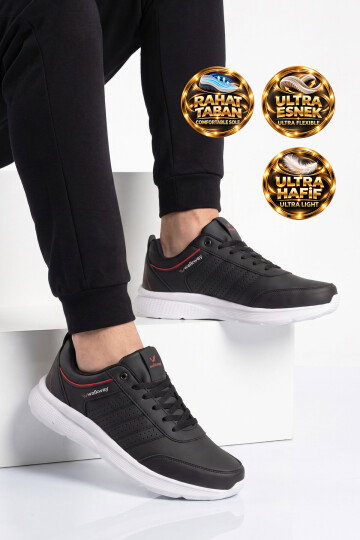 Siyah-Beyaz Bağcıklı Hafif Esnek Rahat Erkek Yürüyüş ve Spor Ayakkabı Sneaker Wood 4040