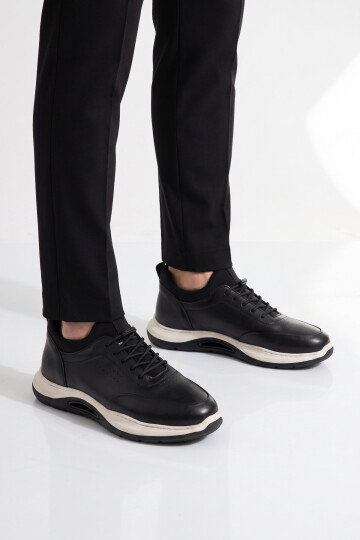 Kauçuk Tabanlı Siyah Hakiki Deri Sneaker Siyah-Beyaz Erkek Casual Ayakkabı HZ2844-8225