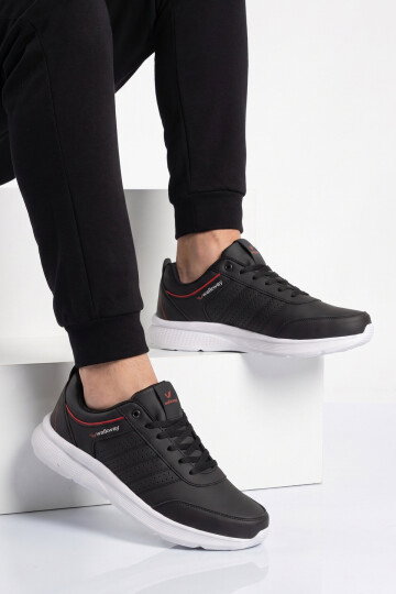 Siyah-Beyaz Bağcıklı Hafif Esnek Rahat Erkek Yürüyüş ve Spor Ayakkabı Sneaker Wood 4040