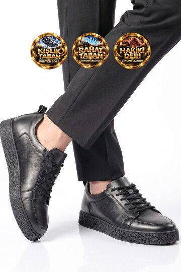 Siyah Cilt Hakiki Deri Bağcıklı Ortopedik Tabanlı Erkek Casual Sneaker Ayakkabı 632909