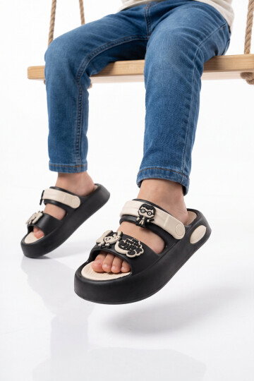 Siyah-Ekru Hafif Esnek Eva Taban Unisex Çocuk Terlik 4505 F-P