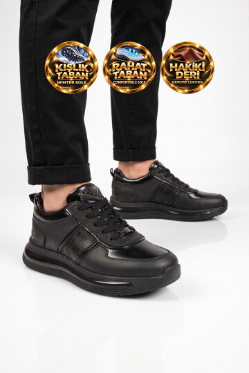 Siyah Hakiki Deri Bağcıklı Erkek Casual Sneaker Ayakkabı 152-24176