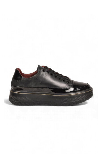 Siyah Hakiki Deri Bağcıklı Kalın Tabanlı Erkek Casual Sneaker Ayakkabı 152-24121