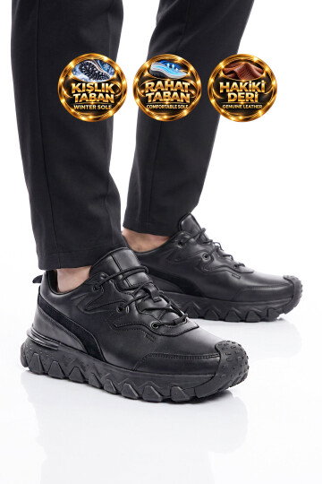 Siyah Hakiki Deri Kaymaz Tabanlı Erkek Casual Sneaker Ayakkabı 152-24252
