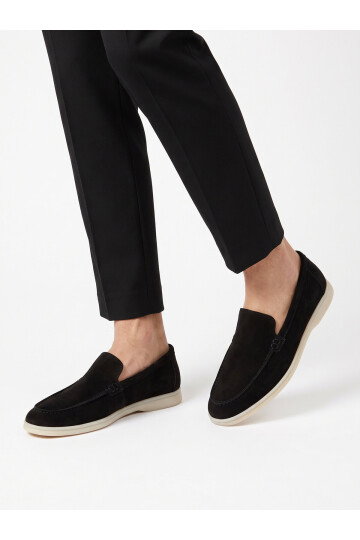Siyah Hakiki Deri Şık Rahat Espadril Erkek Casual Ayakkabı Loafer 6K020-217