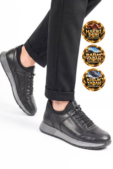 Siyah Hakiki Deri Lastik Bağcıklı Erkek Casual Sneaker Ayakkabı 42158