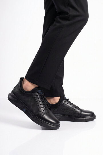 Kauçuk Tabanlı Bağcıklı Sneaker Siyah Hakiki Deri Erkek Casual Ayakkabı HZ0795-510