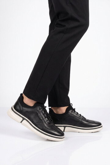 Kauçuk Tabanlı Bağcıklı Sneaker Siyah Hakiki Deri Casual Ayakkabı HZ2420-KS016