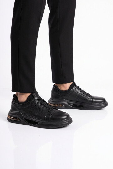 Kauçuk Tabanlı Bağcıklı Sneaker Siyah Hakiki Deri Erkek Casual Ayakkabı HZ2581-6003