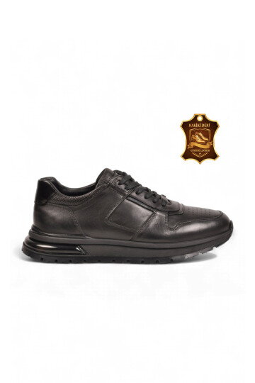 Kauçuk Tabanlı Bağcıklı Sneaker Siyah Hakiki Deri Erkek Casual Ayakkabı XS2461-7112