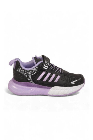 Cırt Bantlı Kalın Tabanlı Siyah-Lila Kız Çocuk Yürüyüş ve Spor Ayakkabı Sneaker 748 Cilt