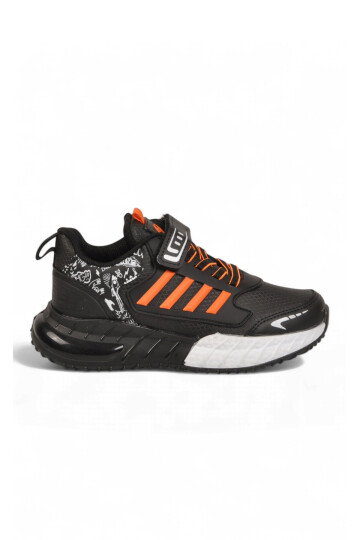 Cırt Bantlı Kalın Tabanlı Siyah-Oranj Erkek Çocuk Yürüyüş ve Spor Ayakkabı Sneaker 748 Cilt