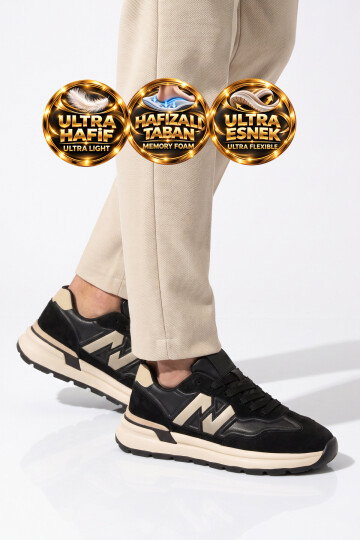 Bağcıklı Kalın Tabanlı Şık Rahat Memory Foam Siyah Erkek Casual Yürüyüş Ayakkabı Sneaker Draw