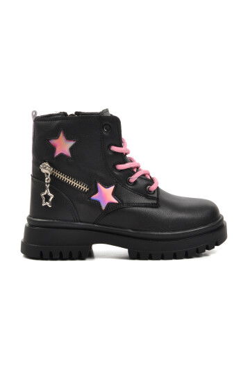 Black-Pink Polyurethane Girls Boots 1525 P