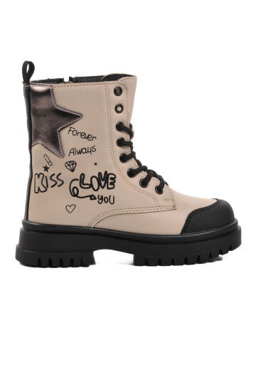 Beige Lace-Up Zippered Girls Boots 1566 P