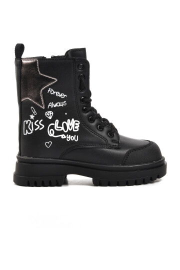 Black Lace-Up Zippered Girls Boots 1566 P