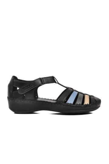 Black Velcro Genuine Leather Womens Sandals 23033319Y Z