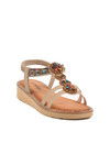 Beige Genuine Leather Stone Embroidered Womens Sandals 9634 Z