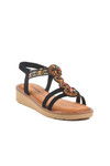 Black Genuine Leather Stone Embroidered Womens Sandals 9634 Z