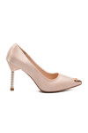Beige Satin Thin Stoned Heeled Womens Evening Shoes 357191 Z