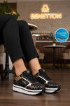 Siyah Beyaz Bağcıklı Cilt Memory Foam Kadın Spor Ayakkabı BNI-12096 G