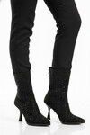 Siyah Taş İşlemeli İnce Topuklu İçi Kürklü Kadın Çizme 671131 Z
