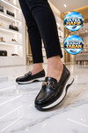 Tokalı Şık Hafif Rahat Kadın Siyah Kırışık Klasik Casual Ayakkabı Loafer 062 Z